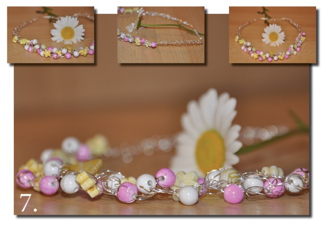 Kvačkanje žice - Bele-roza perlice in rumene perlice v obliki rožic prepletene s srebrno žico.