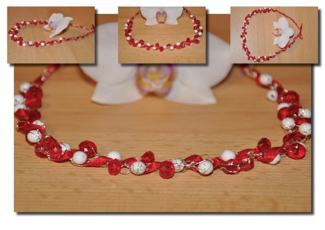 Kvačkanje žice - Rdečo-bele perlice prepletene s srebrno žico in rdečim trakom.