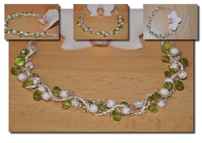 Kvačkanje žice - Belo-zelene perlice prepletene s srebrno žico in belo vrvico