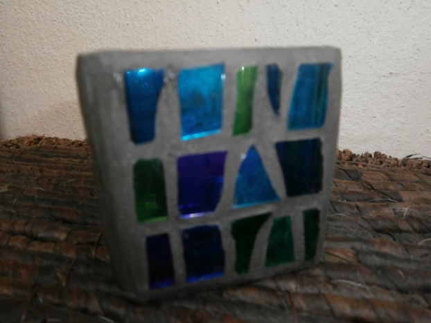 Mozaik - Posodica za čajno svečko iz modrega in zelenega stekla - 