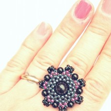Black Onix and Toho glass beads ring by Buska Blink.